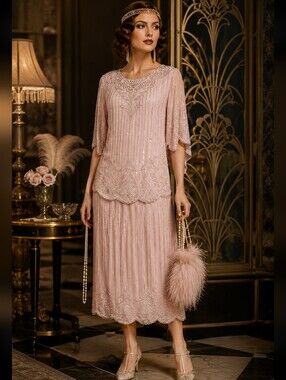 JUDITH ANN CREATIONS 1920s Style Silk Pink Sz M Sequined Beaded Flapper Dress #W